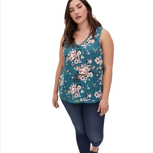 Torrid Teal Green Floral Georgette Raw Edge Chiffon Trim Tank Plus Size 5X - Picture 6 of 7